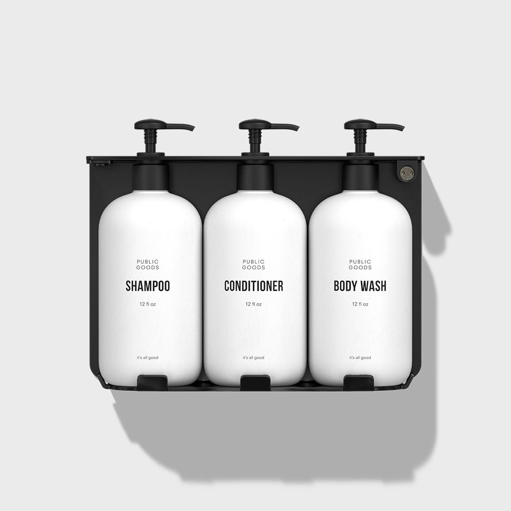 Public Goods Household Locking Triple Wall-Mount Bottle Holder with Shampoo, Conditioner & Body Wash Bottles