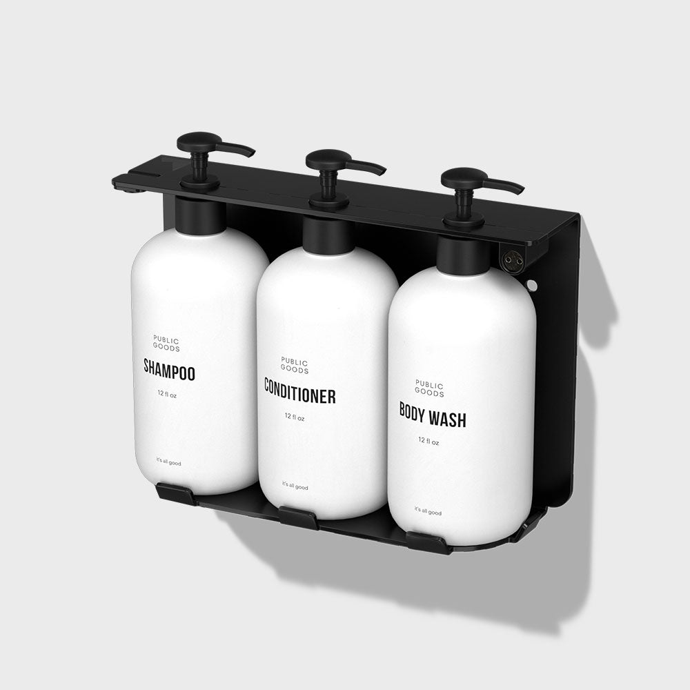 Public Goods Household Locking Triple Wall-Mount Bottle Holder with Shampoo, Conditioner & Body Wash Bottles