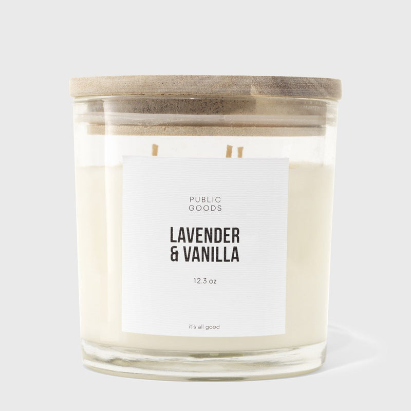 Public Goods Lavender & Vanilla Scented Soy Candle (3 Wick, 12.3oz) | Made With Essential Oils | Acacia Wood Lid in Upcycle-Ready Glass Jar