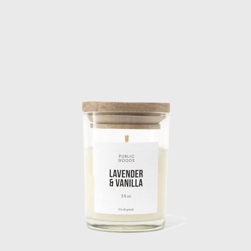 Public Goods Lavender & Vanilla Scented Soy Candle (3.5oz) | Made With Essential Oils | Acacia Wood Lid in Upcycle-Ready Glass Jar